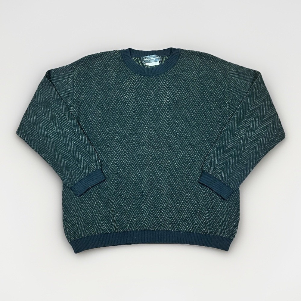 Salvatore Ferragamo Wool Blend Sweater Mens L Black Knit Textured Herringbone